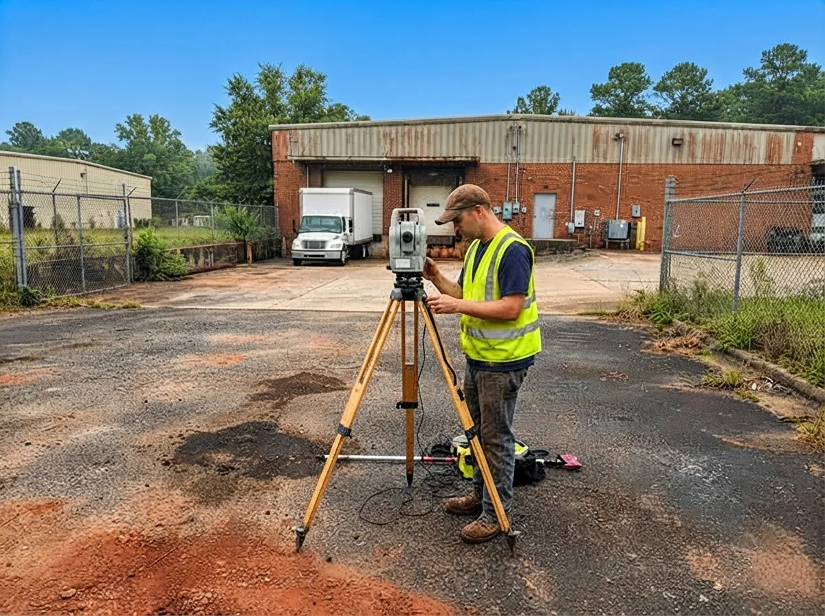 Land surveyor operating a robotic total station on the lot of a brick commercial warehouse with loading docks and a chain-link fence under a clear blue sky