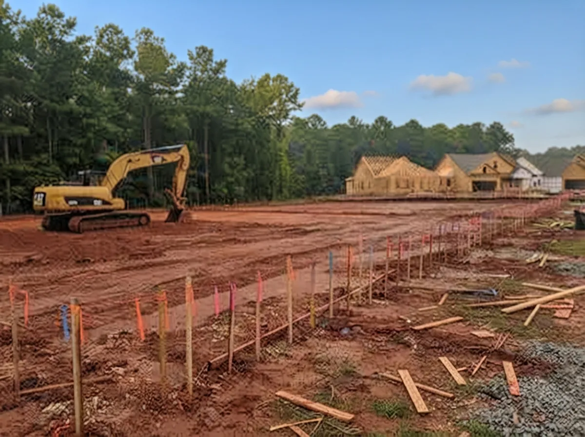 Rows of flagged wooden stakes across a freshly graded red clay building pad in a new subdivision, an excavator at the tree line and framed houses behind