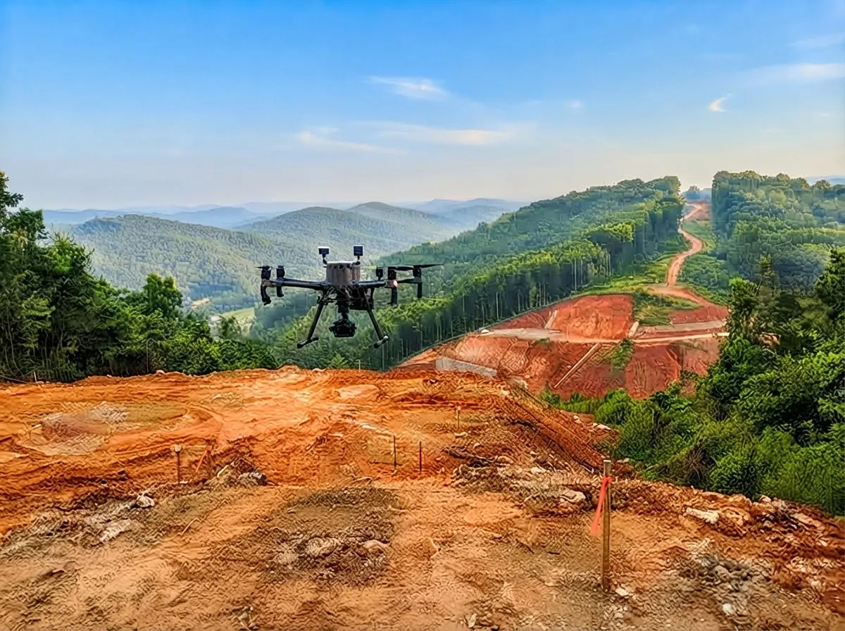 Mapping drone hovering over a graded red clay hilltop site marked with flagged stakes, a cut road corridor and wooded ridges spreading out below