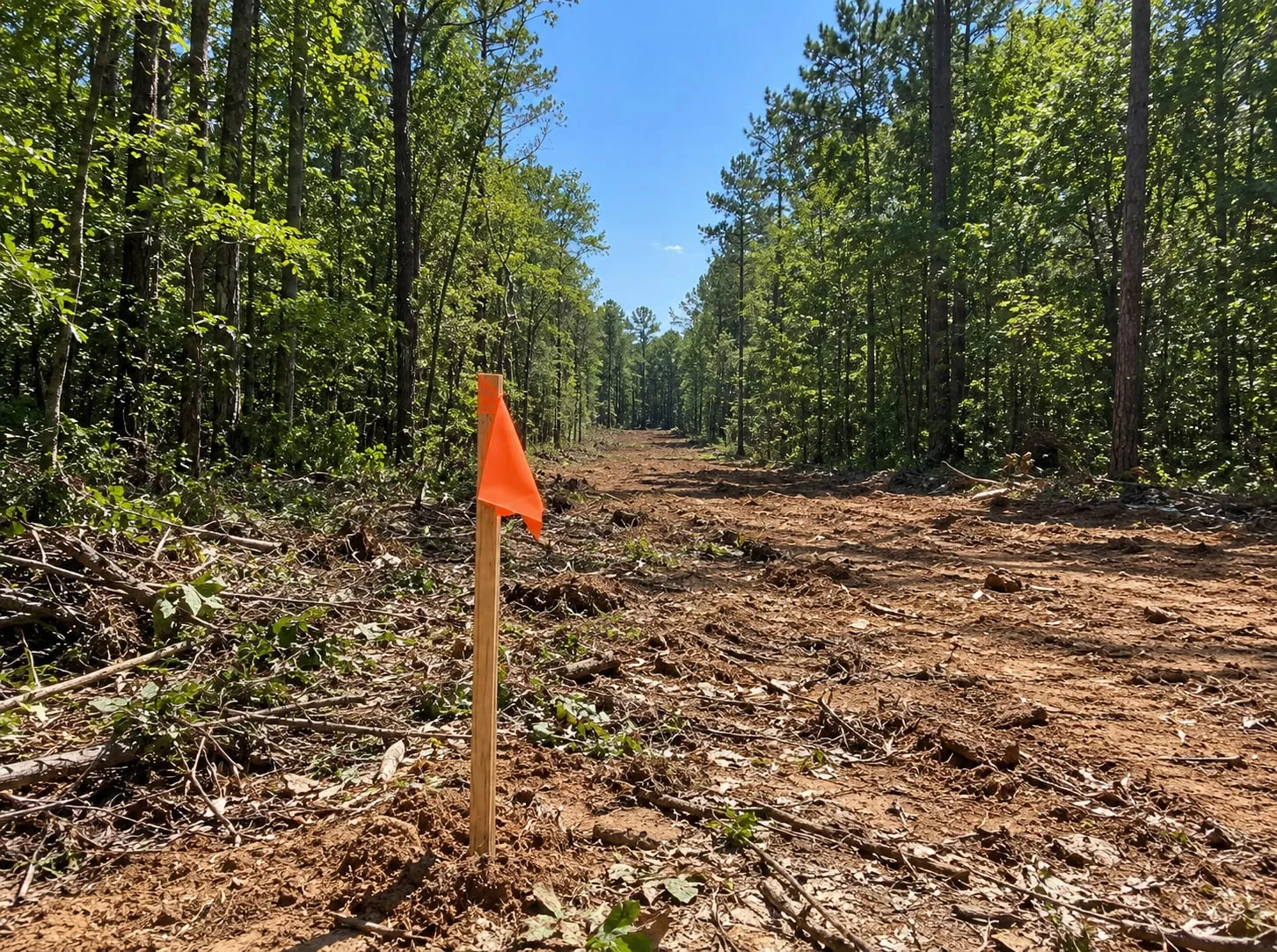 Orange-flagged wooden stake in the red clay of a freshly cleared utility easement, the cut right-of-way running straight back between the pines