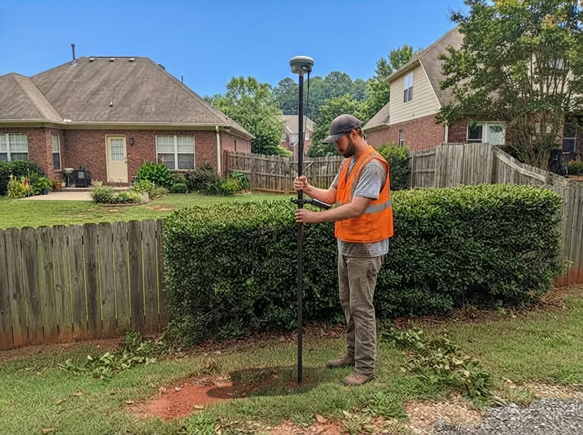 Land surveyor holding a GNSS rover pole on the line between two suburban back yards, a wooden fence and trimmed hedge marking the boundary under a clear blue sky