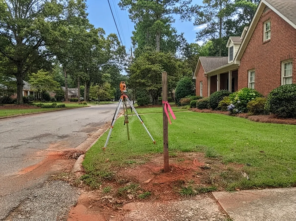 Survey instrument on a tripod beside a pink-flagged wooden stake at the front corner of a brick house lot on a sunlit tree-lined residential street