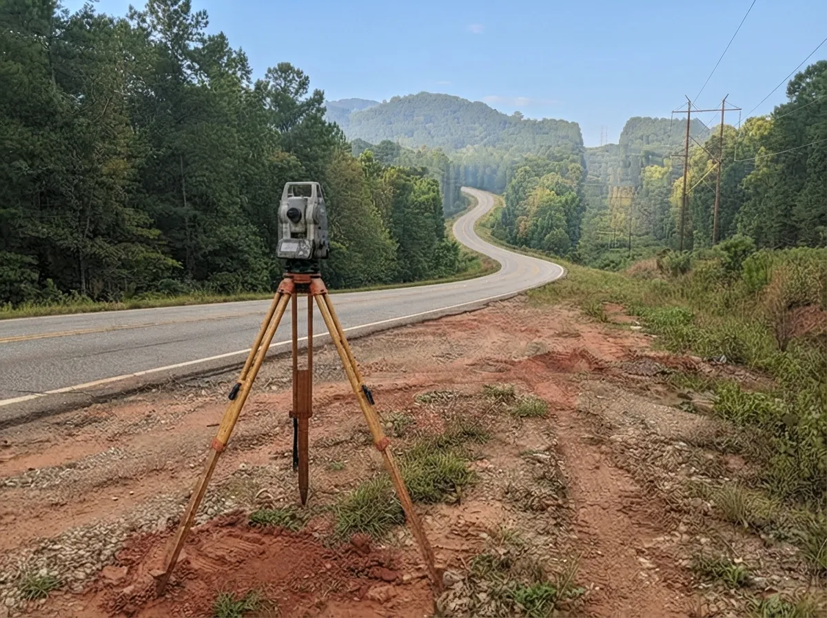 Total station on a wooden tripod on the red clay shoulder of a winding two-lane highway, wooded ridges and a power line corridor beyond under a blue sky