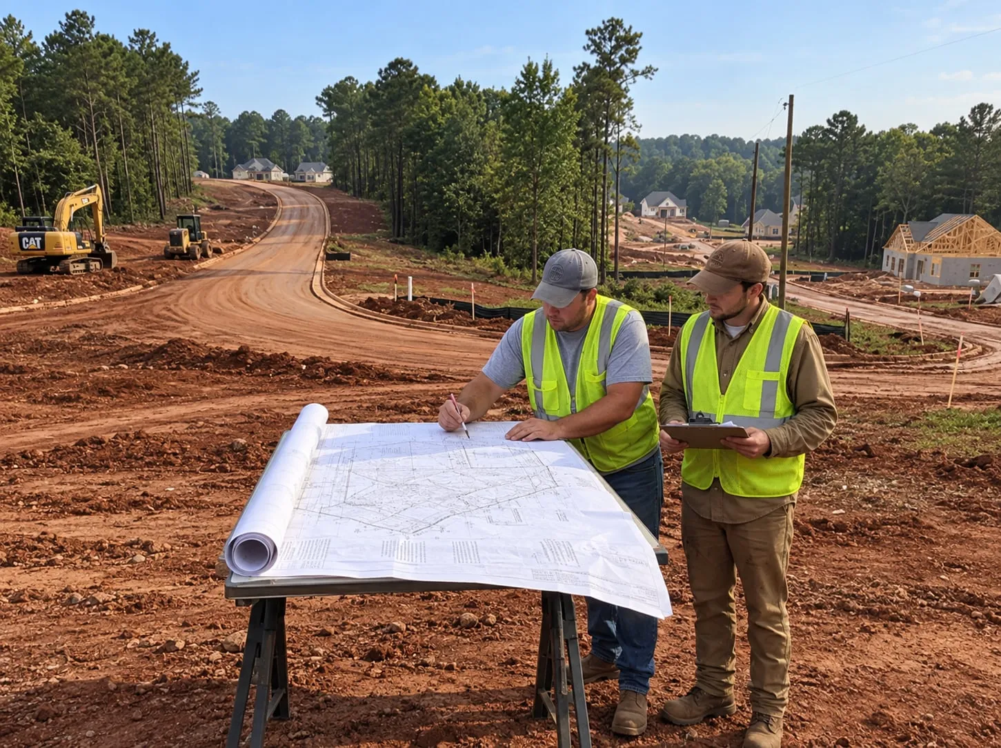 Two land surveyors reviewing a large subdivision plat on a folding table at a partly built development, graded red clay streets and framed houses behind