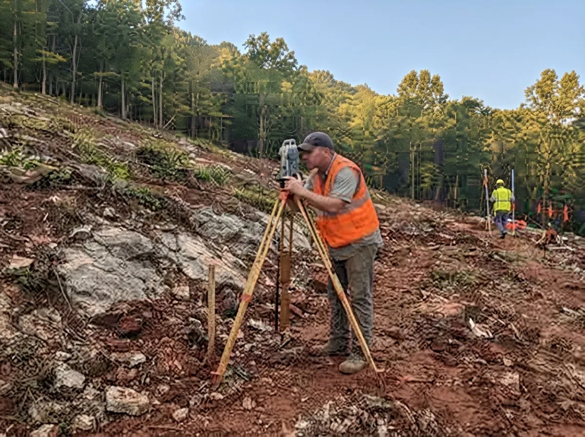 Land surveyor working a total station on a cleared hillside, grey limestone breaking through the red clay and a colleague with a rod further up the slope