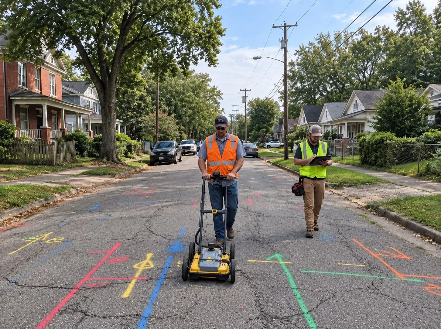 Land surveyor pushing a ground-penetrating radar cart down a tree-lined residential street covered in colour-coded utility locate paint, a colleague with a tablet alongside